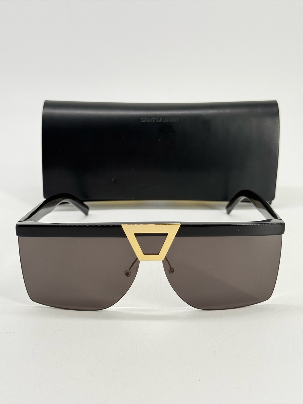 Saint Laurent Black Shield Sunglasses with Gold Triangle Bridge